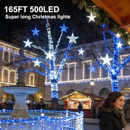Led String Lights 500LED 165 ft Indoor/Outdoor Fairy String Lights 30V 8 Modes Christmas Lights for Home, Christmas Tree, Wedding Party, Room,Wall Decoration, Indoor&Outdoor(Blue+White)