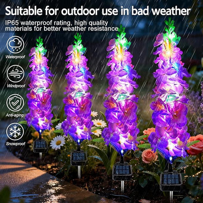 Solar Garden Lights, Solar Purple Delphinium Flowers Lights 4 Pack 80 LEDs, Waterproof Outdoor Light Two Lighting Modes for Outside Wedding Party Garden Yard Patio Lawn Decor