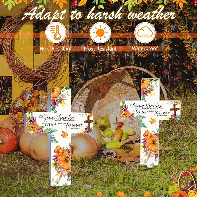 Yousoontic Thanksgiving Fall Solar Stake Lights Outdoor Garden Autumn Cross Yard Sign Garden Decor for Give Thanks to The Lord Harvest Yard Lawn Pathway Party