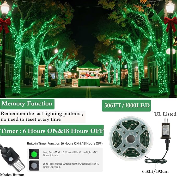 Tcamp 306FT 1000 LED Green Christmas Lights, 8 Modes Christmas Tree Lights with Timer Memory Function, Green Wire Starry Fairy String Light for Xmas Tree Outdoor Indoor Decor