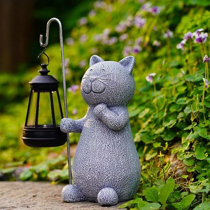 Qeeman Solar Cat for Garden Decor: Weatherproof Resin Statues with Lantern for Outdoor Outside Yard Pathway Patio Porch Balcony Decorations - Gifts for Mom Grandma Cat Lovers