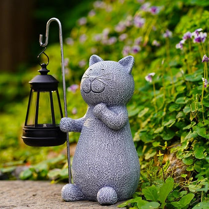 Qeeman Solar Cat for Garden Decor: Weatherproof Resin Statues with Lantern for Outdoor Outside Yard Pathway Patio Porch Balcony Decorations - Gifts for Mom Grandma Cat Lovers