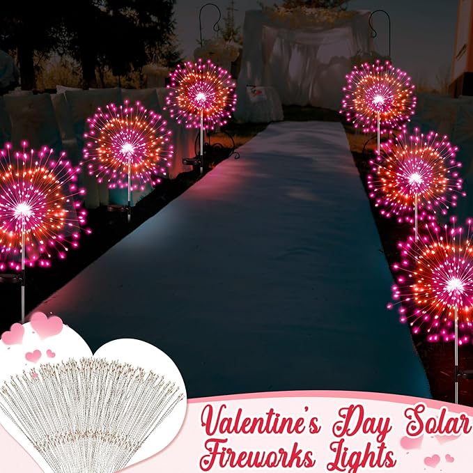6 Pcs Valentine's Day Solar Firework Lights Solar Lights Outdoor Garden 120 LED 8 Modes Waterproof LED Sparkler Outdoor for Valentines Patio Yard Pathway Walkway (Valentine's Day Color)