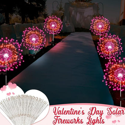 6 Pcs Valentine's Day Solar Firework Lights Solar Lights Outdoor Garden 120 LED 8 Modes Waterproof LED Sparkler Outdoor for Valentines Patio Yard Pathway Walkway (Valentine's Day Color)