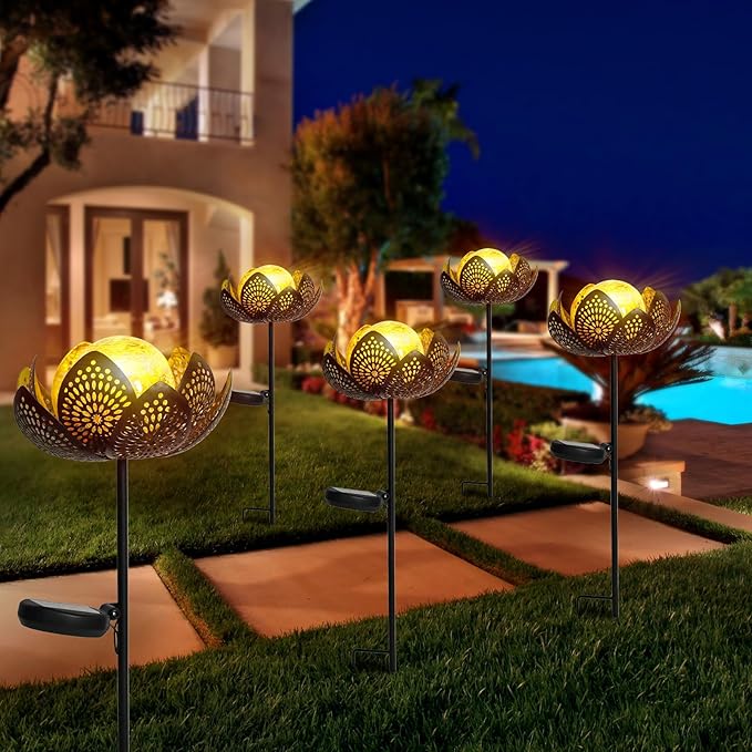 Afirst Solar Lights Outdoor, Garden Lotus Stake Lights Waterproof Decorative Pathway Light Metal Crackle Glass Solar Light Landscape for Garden,Patio,Lawn,Walkway,Tabletop,Pathway,Yard Decor, Golden