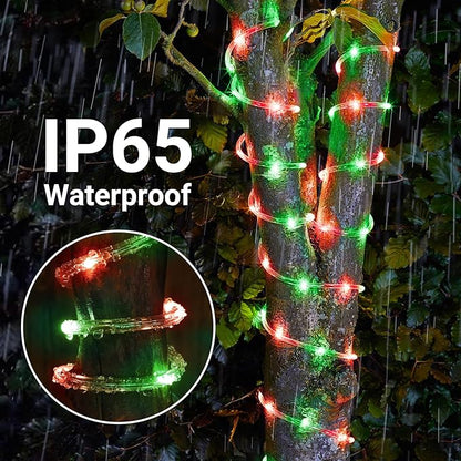 Solar Rope Lights, 33ft 100LED Solar String Lights, 8 Modes Waterproof Solar Powered Outdoor Light, Flexible Clear Tube Light for Garden Backyard Patio Deck Porch Pool Tree Christmas Decor- Red&Green