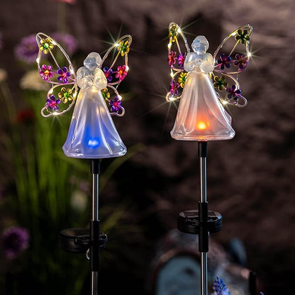 2 Pack Solar Angel Lights, Color Changing & Warm White Dual Glow, Solar Stake Lights with Flower Wings, Waterproof Outdoor Memorial Gifts for Cemetery Grave, Garden Patio Yard Decor for Mom Women