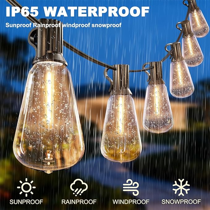 100FT Outdoor String Lights - 64+4 Bulbs(𝟏.𝟓𝐅𝐓 𝐁𝐮𝐥𝐛𝐬 𝐒𝐩𝐚𝐜𝐢𝐧𝐠) | Remote & Dimmer, 3 Light Modes & Timing, IP65 | Lumora