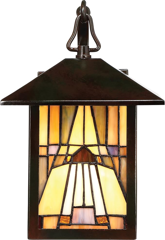 Quoizel TFIK8407VA Inglenook Tiffany Style Classic Geometric Handcrafted Mission Outdoor Wall Sconce, 1-Light 100 Watt, 11" H x 7" W, Valiant Bronze