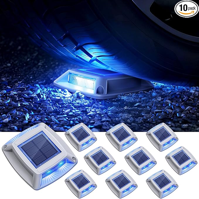 Solar Driveway Lights Outdoor 10 Pack, IP68 LED Solar Powered Waterproof Driveway Marker Deck Dock Lights for Dock Step Pathway Walkway Sidewalk Garden Yard Stair Marine (Blue)
