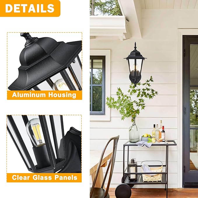 Outdoor Wall Lantern, Wall Sconce as Porch Lighting Fixture, E26 Base 60W Max, Aluminum Housing Plus Glass, Wet Location Rated, Bulbs not Included, Matte Black, 2 Pack