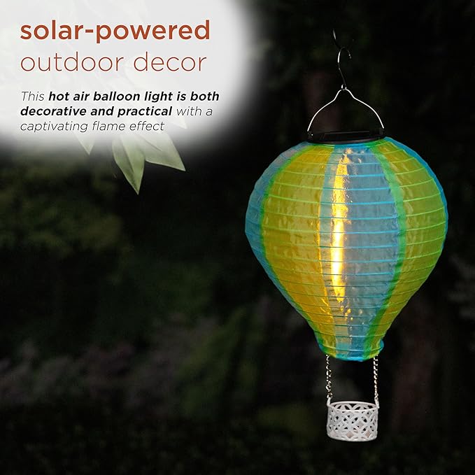 Alpine Corporation QLP1566SLR-YLBL Solar-Powered Cloth Hot Air Balloon with Flame LED Lights, LED Solar Décor, 13" H, Yellow