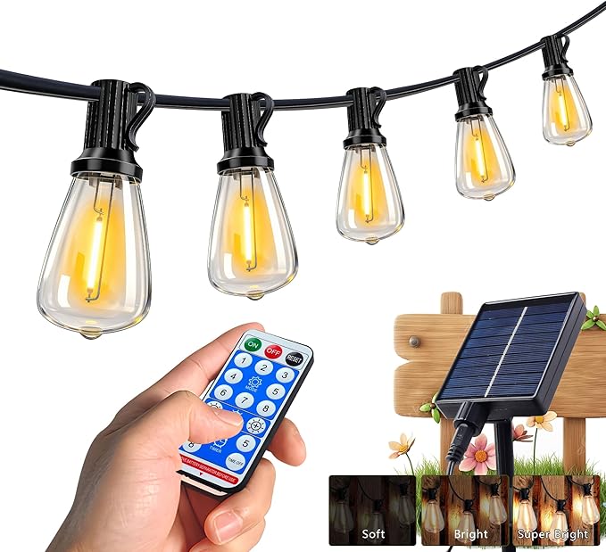 60FT Solar String Lights, Weatherproof Solar Powered Patio Lights, 3 Light Modes with Remote & USB Port, 15 LED Shatterproof Bulbs, Dimmable, Timer for Camping Backyard Cafe,Black
