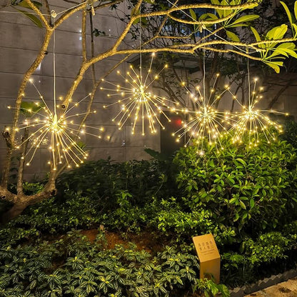 5 Pack Solar Firework Lights, 450 LED 8 Modes Dimmable Waterproof Hanging DIY Starburst Fairy Lights with Timer for Party Garden Indoor Outdoor Decoration (Warm White, 450)