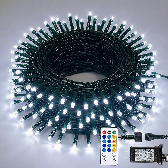 Hopolon String Lights Indoor Outdoor, 33 FT 100 LED Connectable Green Wire Twinkle Fairy Lights, Plug in Christmas Light Waterproof for Wedding Party Patio Spring Decor (Cool White with Remote)