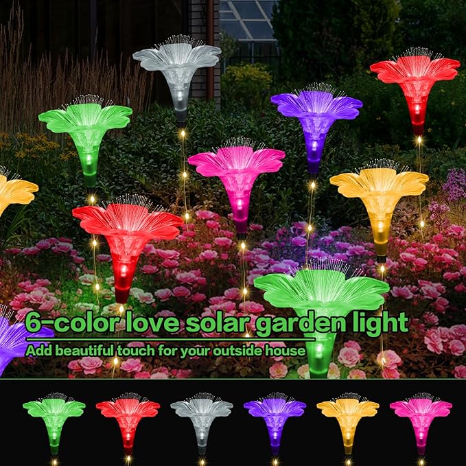 Upgraded Solar Garden Light Outside Decorations,Set of 6PCS Multicolor Optical Fiber Bigger Lily Flowers Light Outdoor Waterproof Solar Flowers Lights for Xmas Housewarming Gifts Decor