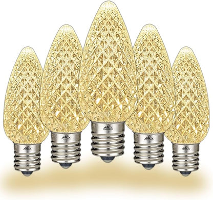 Novelty Lights 10CT (250 Bulbs) 25 Pack C9 LED Bulbs, Dimmable Faceted Outdoor LED Christmas Lights Replacement Bulbs, Warm White E17 Base, 0.5w