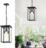 10" Modern 4-Light Exterior Black Square Lantern Pendant Light Fixture with Clear Glass Industrial Hanging Cage | Lumora