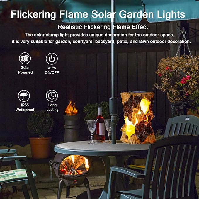 Solar Garden Lights, Flickering Stump Solar Flame Lantern Light Waterproof, Outdoor Stump On Fire Torch Light, Solar Powered Landscape Decoration Lighting for Patio Pathway Deck Yard (Natural)