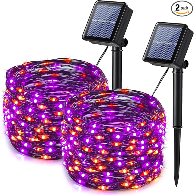 Lomotech 2 Pack Solar Lights, 33ft 100LED Orange Purple Twinkle Fairy Lights Waterproof 8 Modes Outdoor for Halloween Party DIY Decoration Black Wire