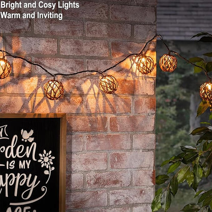 Outdoor Patio String Lights Plug in with 10 Incandescent Bulbs, Handwoven Natural Rattan Boho Decorative Lantern String Lights Connectable Weatherproof for Pergola, Porch, Mantel, Indoor Decor