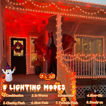 QITONG Orange Solar Christmas Lights, 2 Pack Each 66ft 200 LED Thanksgiving String Lights Outdoor Waterproof, Green Wire Twinkle Light with 8 Modes