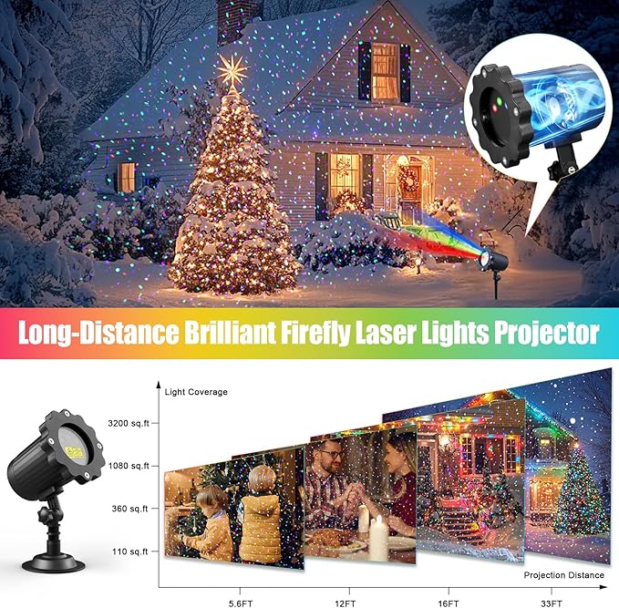 Laser Projector Firefly Lights Outdoor,12 Effect Moving RGB Lights Show Waterproof Laser Projection with RF Remote and Timer for Wedding Christmas Holiday Party Patio Garden Decor