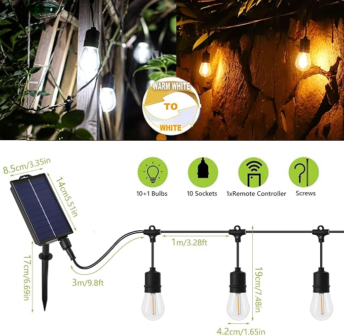 PMS Solar Outdoor String Lights, Color Changing Warm White to Cool White with Remote, Shatterproof LED Bulbs for | Lumora