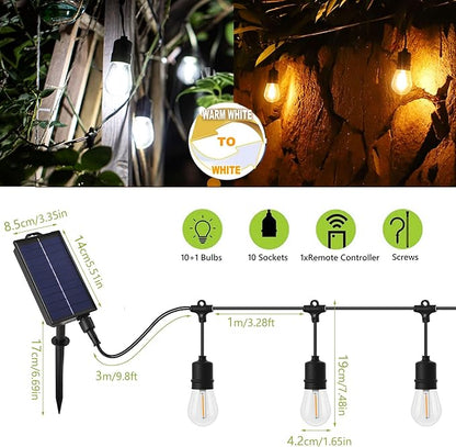 PMS Solar Outdoor String Lights, Color Changing Warm White to Cool White with Remote, Shatterproof LED Bulbs for Backyard Garden Gazebo Patio Pergola (30FT-10LIGHTS)