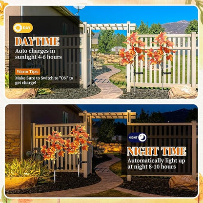 2 Pack Fall Solar Lights Outdoor Decorative, 35 LED Maple Leaf Solar Stake Lights Waterproof Fall Decor for Autumn Garden Yard Outside Pathway Halloween Thanksgiving Decorations