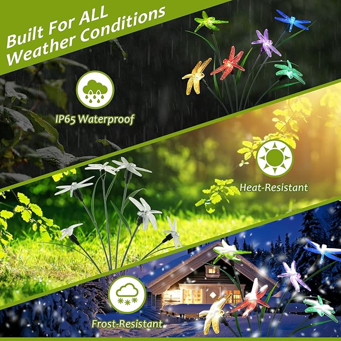 2PCS Outdoor Solar Lights, Waterproof Solar Lights Outdoor Pathway, Solar-Powered Garden Swing Dragonfly Decorative Lights for Yard Balcony Flower Bed, Gardening Gift for Plant Lovers