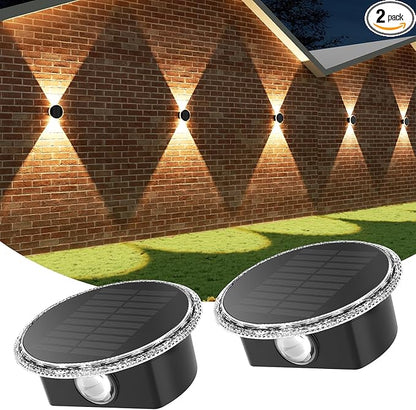 Ellasay Solar Fence Lights: 12 Hours Long Runtime Solar Powered Wall Lights 360° Circular Lighting Up and Down Waterproof IP65 & 3 Modes High Brightness LED Focus Lens for Fence/Porch- 2 Pack
