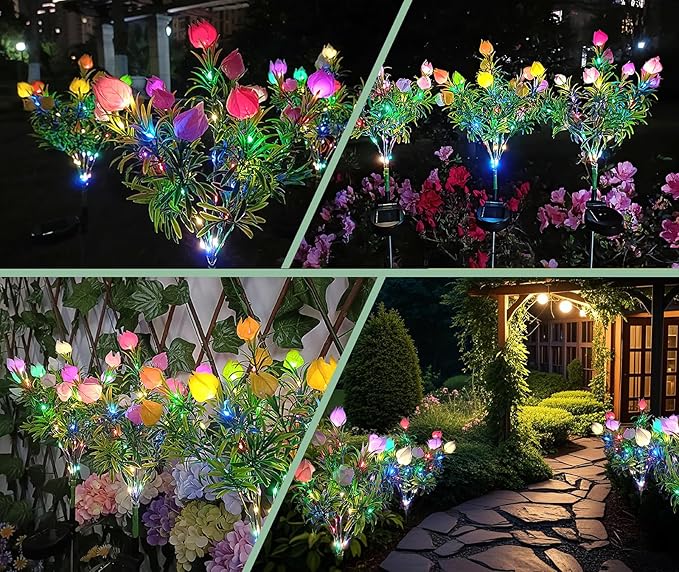 Solar Garden Lights Outdoor, Colorful Waterproof Decorative Solar Lights Outdoor 2 Pack with 2 Modes, 35 LED Gardenias Flower Garden Decor Yard Patio Lawn, Gifts for Mother's Day Mom