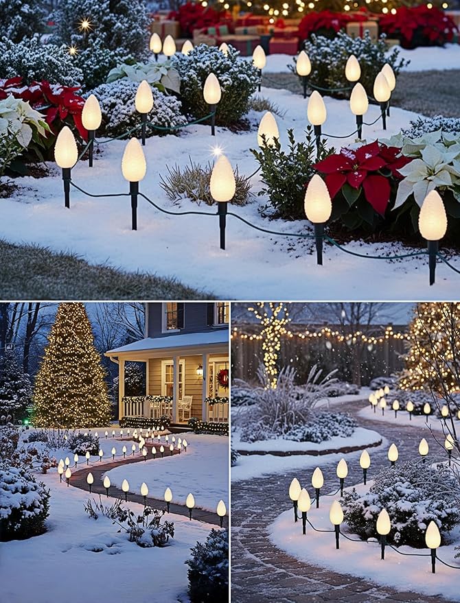 Christmas C9 Pathway Lights 7FT Pinecone, LED with 4 Stakes Connectable Holiday Commercial Warm White Light Decoration UL Listed - Green Wire