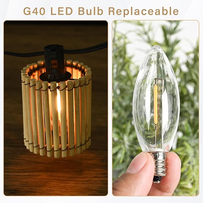 Decorative Solar String Lights Outdoor Rattan Lamps, 20.5FT 10 LED G40 Bulb Waterproof Hanging Lantern for Patio, Yard, Deck, Garden - Indoor/Outdoor Use