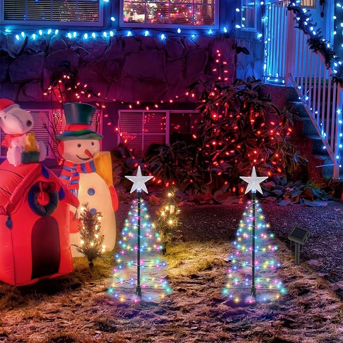 Dynaming 4 Pack Solar Spiral Christmas Trees with Lights, 19" Outdoor Light Up Christmas Pathway Markers with Colorful Lights, Waterproof & Auto On/Off Xmas Decoration for Patio Yard Walkway Driveway
