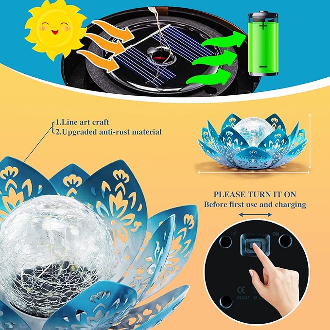 Huaxu Solar Lights Outdoor Decorative - Bright Blue Lotus Flower Table Lamp, Glass Globe 30 LED Waterproof Metal | Lumora