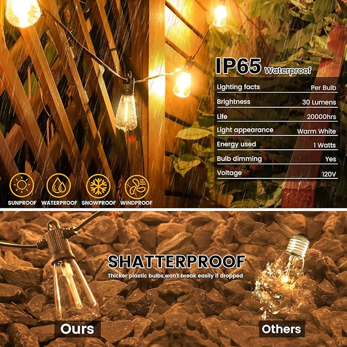 100FT Outdoor String Lights, LED Patio Lights with 50+3 ST38 Vintage Edison Shatterproof Bulbs, IP65 Weatherproof | Lumora