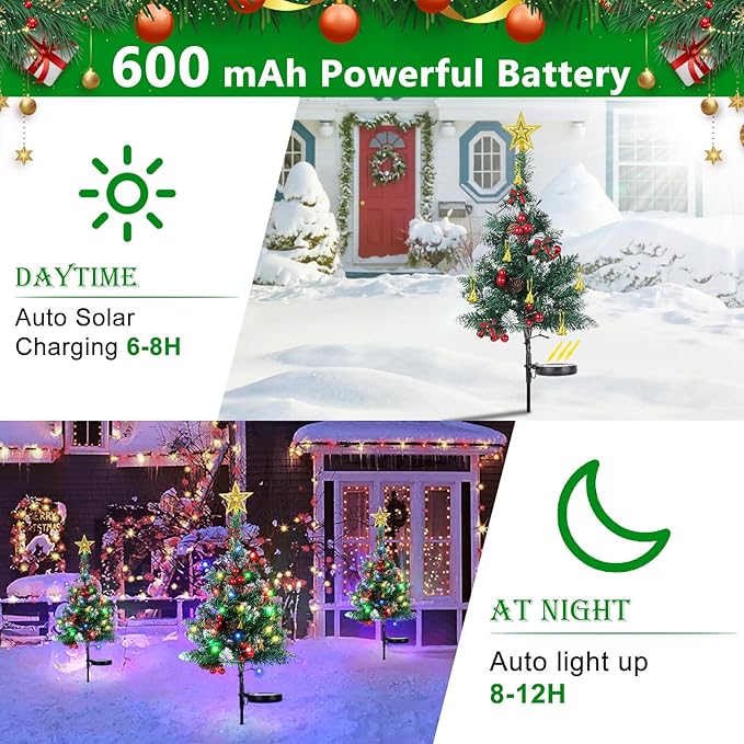 OurWarm 2Pcs Solar Christmas Tree Lights Outdoor Decorations, 20 LEDs Path Lights 8-Mode Flickering, Small Mini Solar Christmas Tree for Outside Yard Pathway Garden Grave Cemetery Xmas Decor