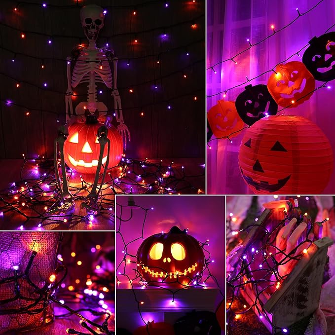 Joomer 2 Pack Orange Purple Halloween Solar String Lights, Total 144 FT 400 LED 8 Modes Waterproof Solar String Lights Outdoor for Halloween Decorations