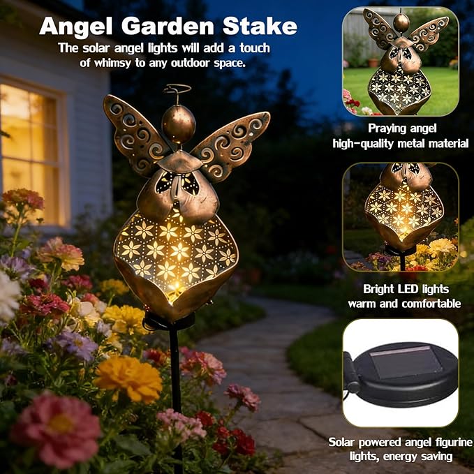 VEEKI Solar Garden Lights, Metal Solar Angel Garden Stake Lights Outdoor Waterproof, Angel Decor Solar Lights for Cemetery Grave Yard Patio Path, Sympathy Memorial Gift for Lost Love One