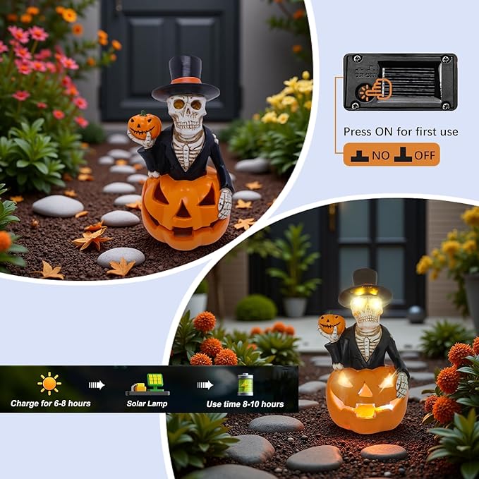 Halloween Decorations Solar Spooky Lights Outdoor Skull Pumpkin Figurine Light Garden Statue for Outside Patio Front Porch Yard, Led Fall Decor Jack-O-Lantern Home Decor Gifts (Orange-White Skull)