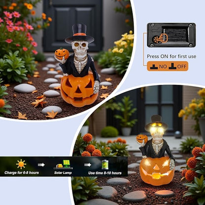 Halloween Decorations Solar Spooky Lights Outdoor Skull Pumpkin Figurine Light Garden Statue for Outside Patio Front Porch Yard, Led Fall Decor Jack-O-Lantern Home Decor Gifts (Orange-White Skull)
