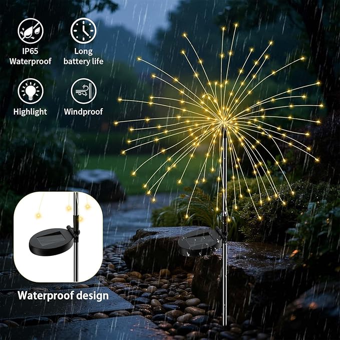 Solar Firework Lights Outdoor, 2 Pack 200 LED Fairy Lights with 8 Modes, Warm White Solar Garden Lights for Yard Pathway Lawn Patio Landscape Decor, Waterproof Fireworks for Outside