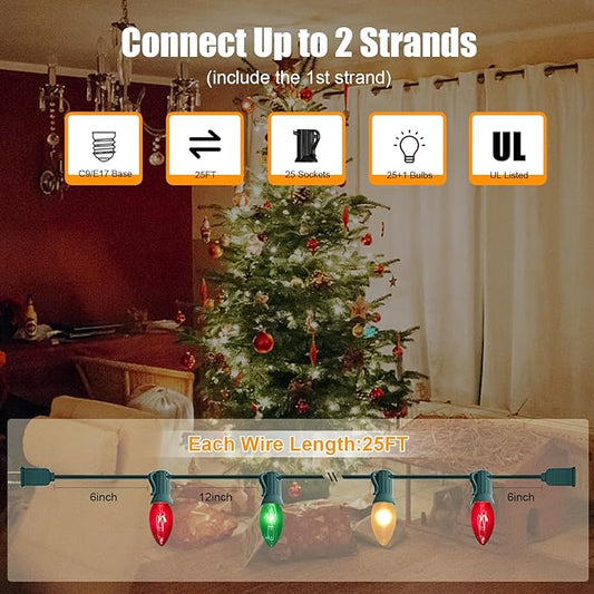 C9 Red White and Green Christmas Lights Outdoor, 25FT Vintage Christmas Tree Light with 26 C9 Clear Multicolor Bulbs, Hanging Outdoor Christmas Lights for Holiday Roofline Patio Garden Party Decor