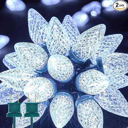 Brightown 2 Pack White C9 LED Christmas Lights Outdoor, 33ft 50 LED Waterproof Strawberry String Lights, Plug-in Extendable Green Wire Lights String for Outdoor Indoor Patio Party Decoration