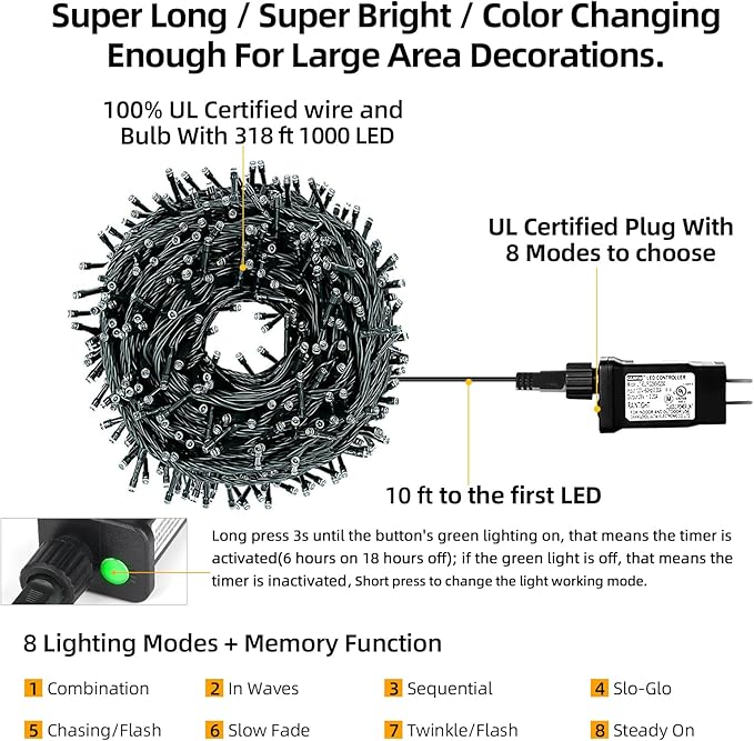 1000 LED 328ft 8 Modes with Timer Christmas String Lights IP55 Outdoor Waterproof UL Certificated Indoor Fairy | Lumora