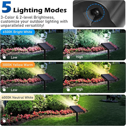 Solar Lights Outdoor, 5 Working Modes Solar Powered Spotlights for Yard, Waterproof Outside Solar Landscape Lights with 3 Color Temperatures, Bright LED Outdoor Lighting for Garden Tree, 4-Pack