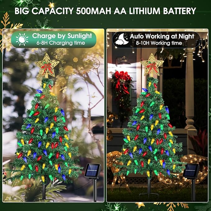 Solar Christmas Trees Decorations, Solar Powered Xmas Tree Lights Outdoor Waterproof with 50 LEDs and 8 Modes for Yard, Lawn, Pathway, Garden, Front Porch, Cemetery, Graveside Decor (2 Pack)