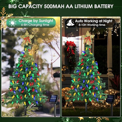 Solar Christmas Trees Decorations, Solar Powered Xmas Tree Lights Outdoor Waterproof with 50 LEDs and 8 Modes for Yard, Lawn, Pathway, Garden, Front Porch, Cemetery, Graveside Decor (2 Pack)